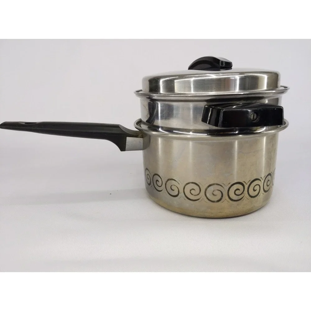VTG Ecko Stainless Steel Double Boiler w Lid Black Handles‎ Swirl Design 2qt